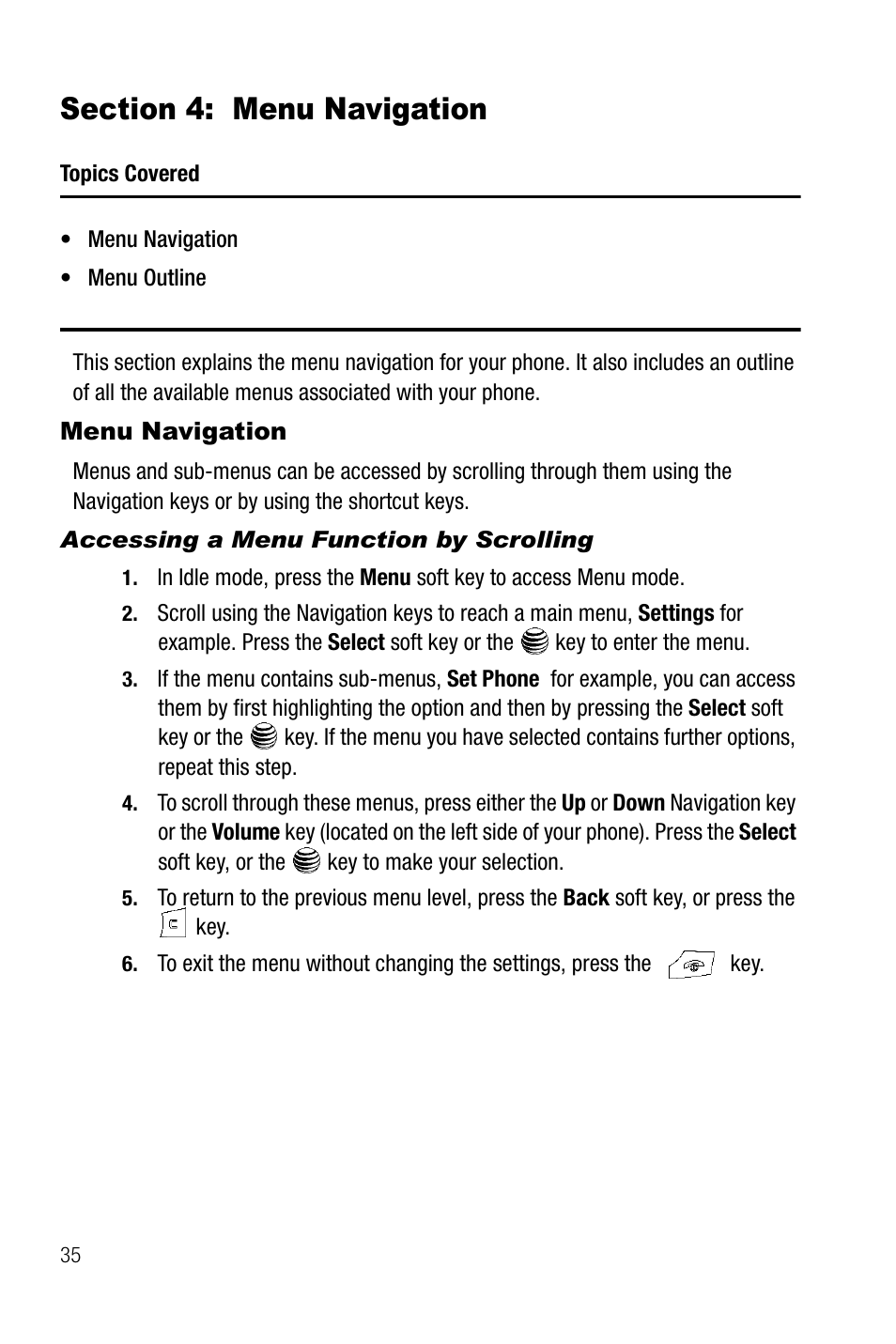 Section 4: menu navigation, Menu navigation, Accessing a menu function by scrolling | Samsung SGH-A737HBAATT User Manual | Page 38 / 180