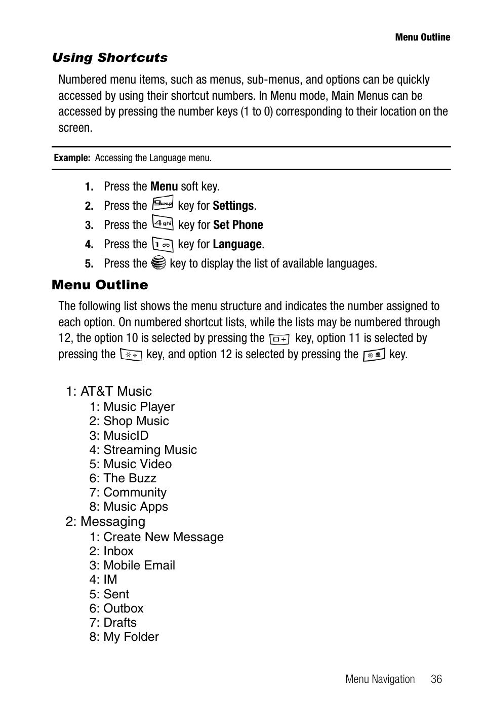 Using shortcuts, Menu outline | Samsung SGH-A737HBAATT User Manual | Page 39 / 180