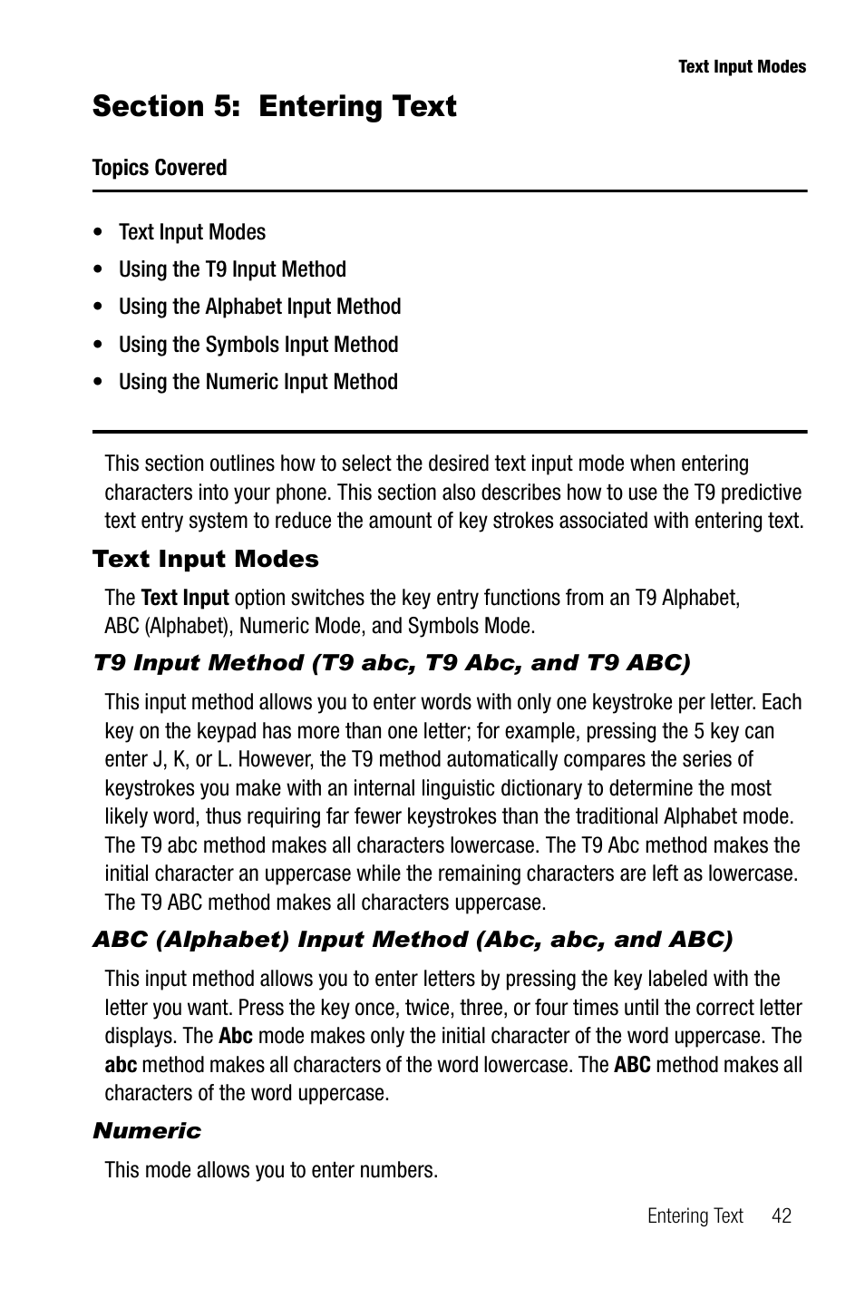 Section 5: entering text, Text input modes, T9 input method (t9 abc, t9 abc, and t9 abc) | Abc (alphabet) input method (abc, abc, and abc), Numeric | Samsung SGH-A737HBAATT User Manual | Page 45 / 180