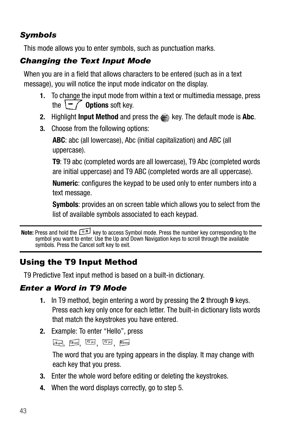 Symbols, Changing the text input mode, Using the t9 input method | Enter a word in t9 mode | Samsung SGH-A737HBAATT User Manual | Page 46 / 180