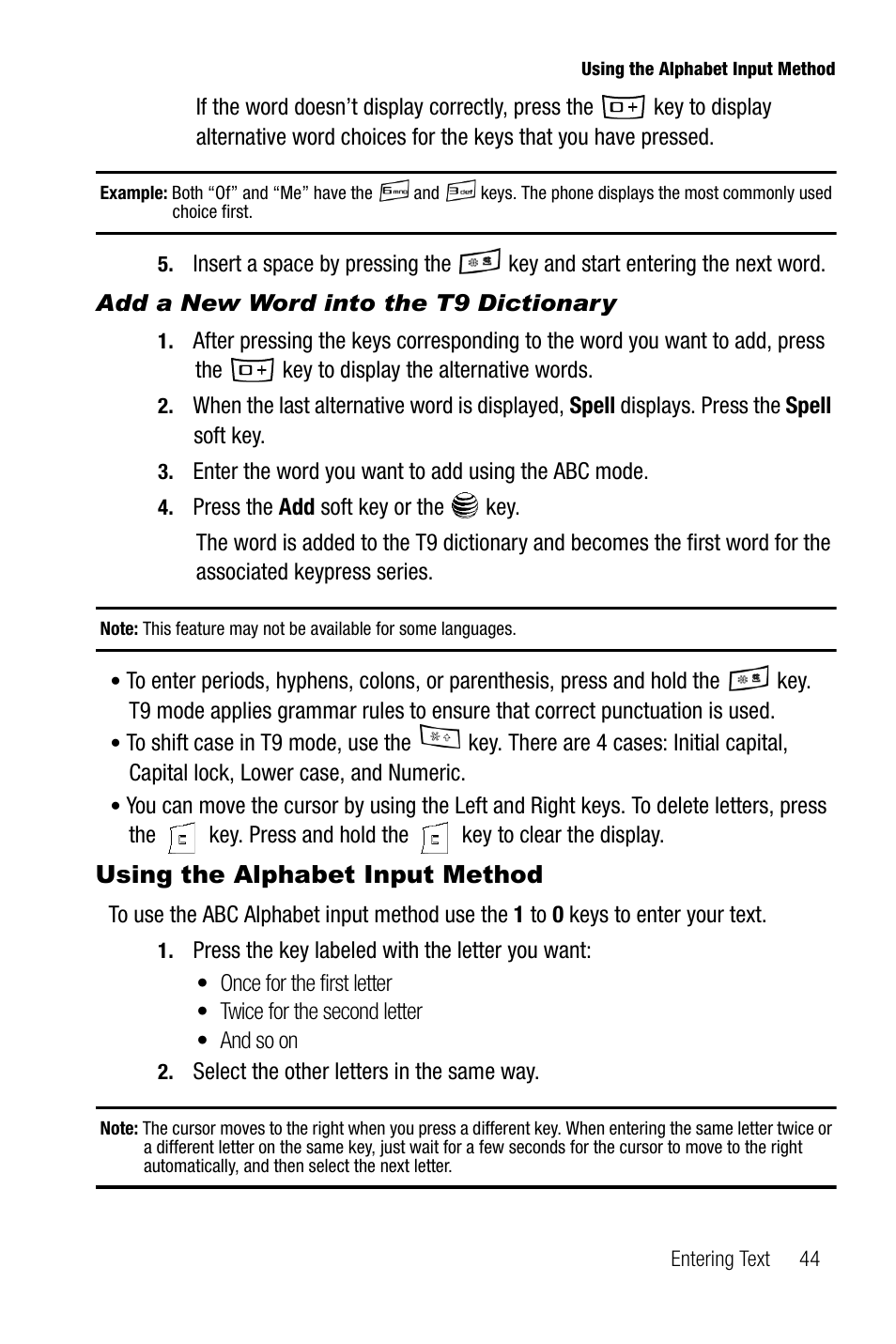 Add a new word into the t9 dictionary, Using the alphabet input method | Samsung SGH-A737HBAATT User Manual | Page 47 / 180