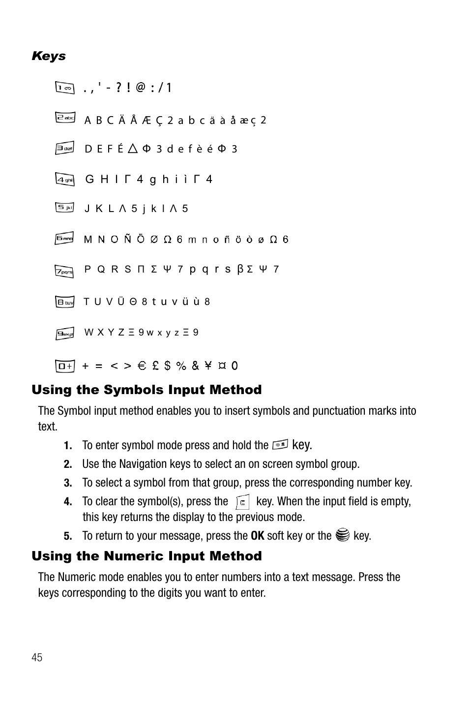 Keys, Using the symbols input method, Using the numeric input method | Samsung SGH-A737HBAATT User Manual | Page 48 / 180