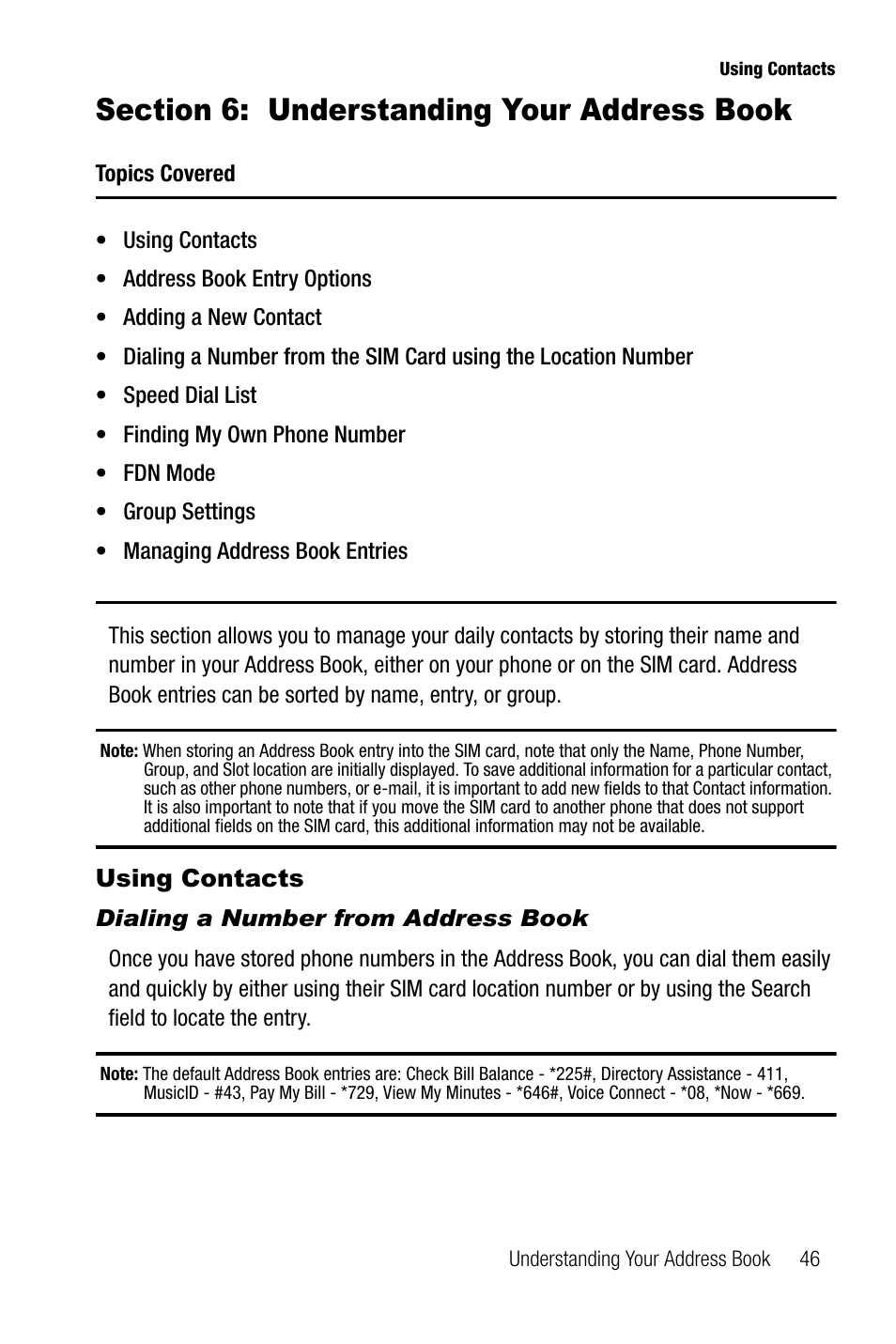 Section 6: understanding your address book, Using contacts, Dialing a number from address book | Samsung SGH-A737HBAATT User Manual | Page 49 / 180