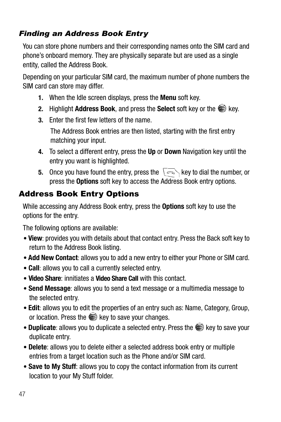 Finding an address book entry, Address book entry options | Samsung SGH-A737HBAATT User Manual | Page 50 / 180