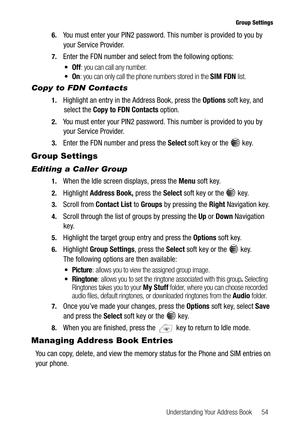 Copy to fdn contacts, Group settings, Editing a caller group | Managing address book entries, Group settings managing address book entries | Samsung SGH-A737HBAATT User Manual | Page 57 / 180
