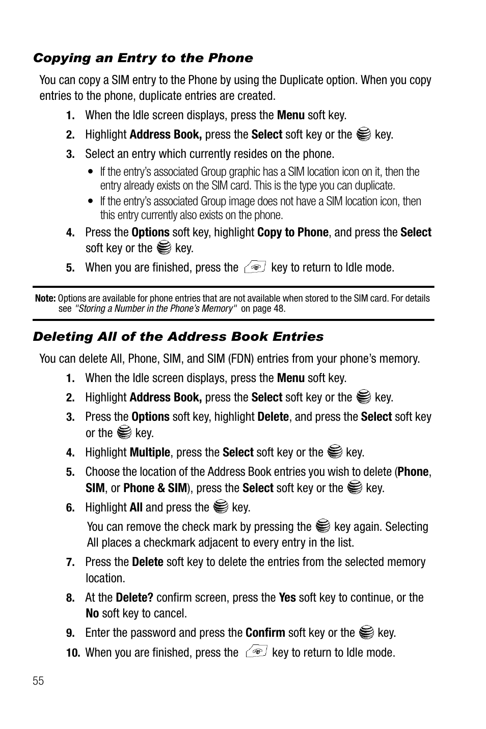 Copying an entry to the phone, Deleting all of the address book entries | Samsung SGH-A737HBAATT User Manual | Page 58 / 180