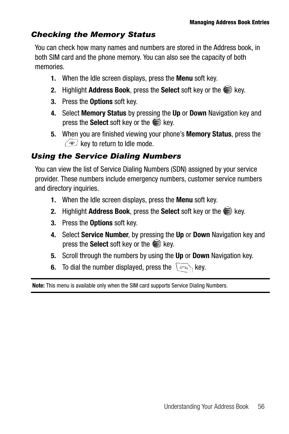 Checking the memory status, Using the service dialing numbers | Samsung SGH-A737HBAATT User Manual | Page 59 / 180