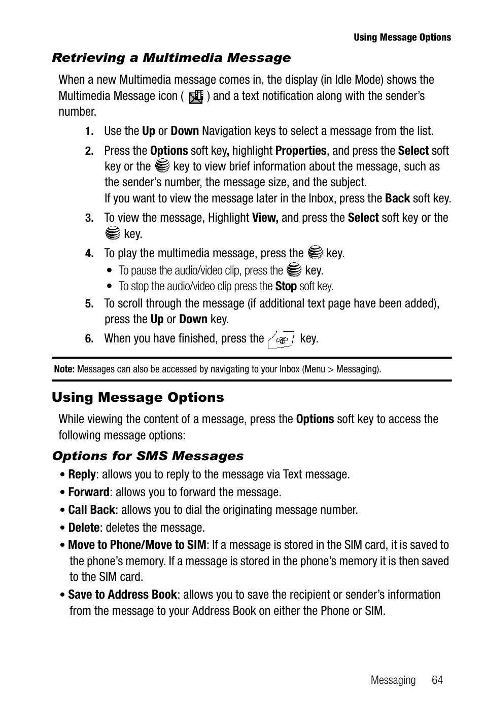 Retrieving a multimedia message, Using message options, Options for sms messages | Samsung SGH-A737HBAATT User Manual | Page 67 / 180
