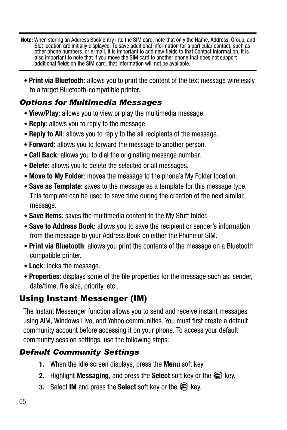 Options for multimedia messages, Using instant messenger (im), Default community settings | Samsung SGH-A737HBAATT User Manual | Page 68 / 180