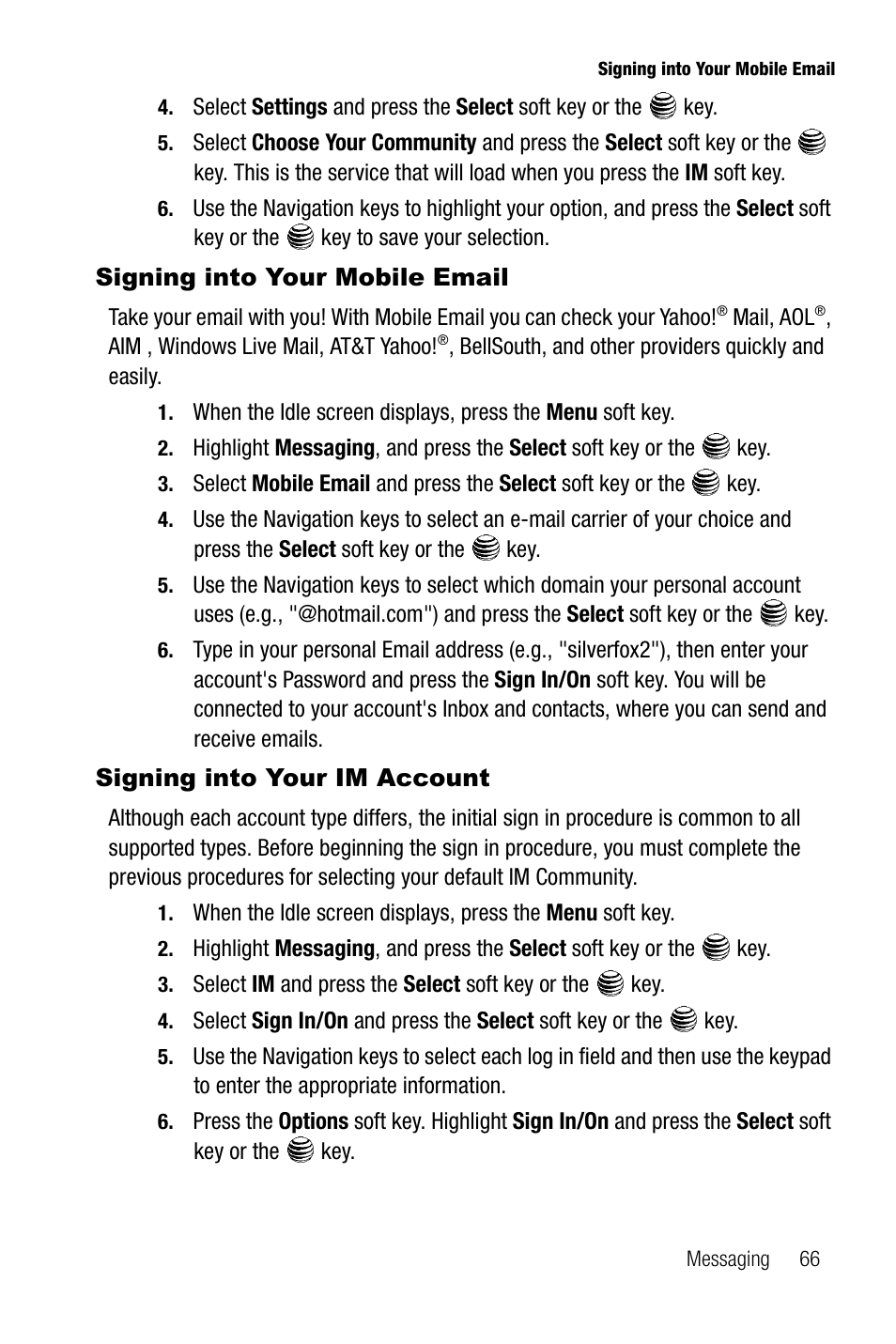 Signing into your mobile email, Signing into your im account | Samsung SGH-A737HBAATT User Manual | Page 69 / 180