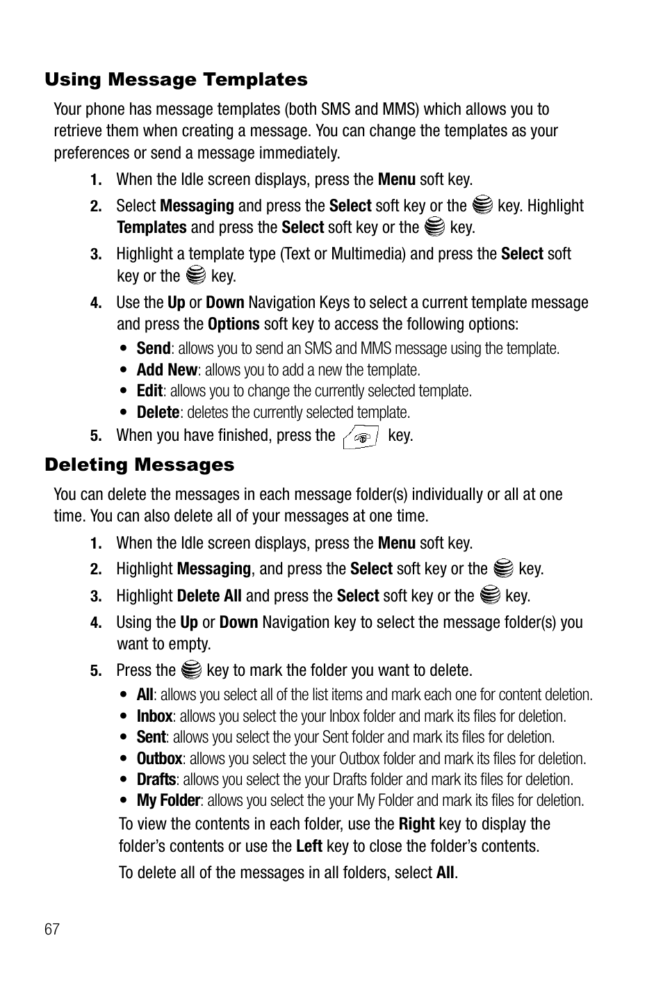 Using message templates, Deleting messages, Using message templates deleting messages | Samsung SGH-A737HBAATT User Manual | Page 70 / 180