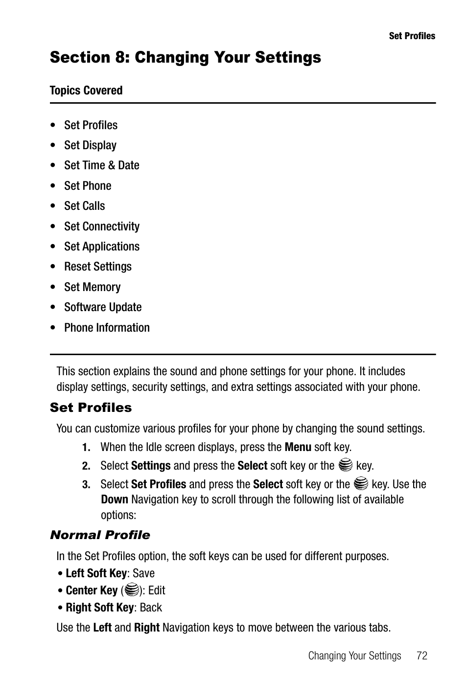 Section 8: changing your settings, Set profiles, Normal profile | Samsung SGH-A737HBAATT User Manual | Page 75 / 180