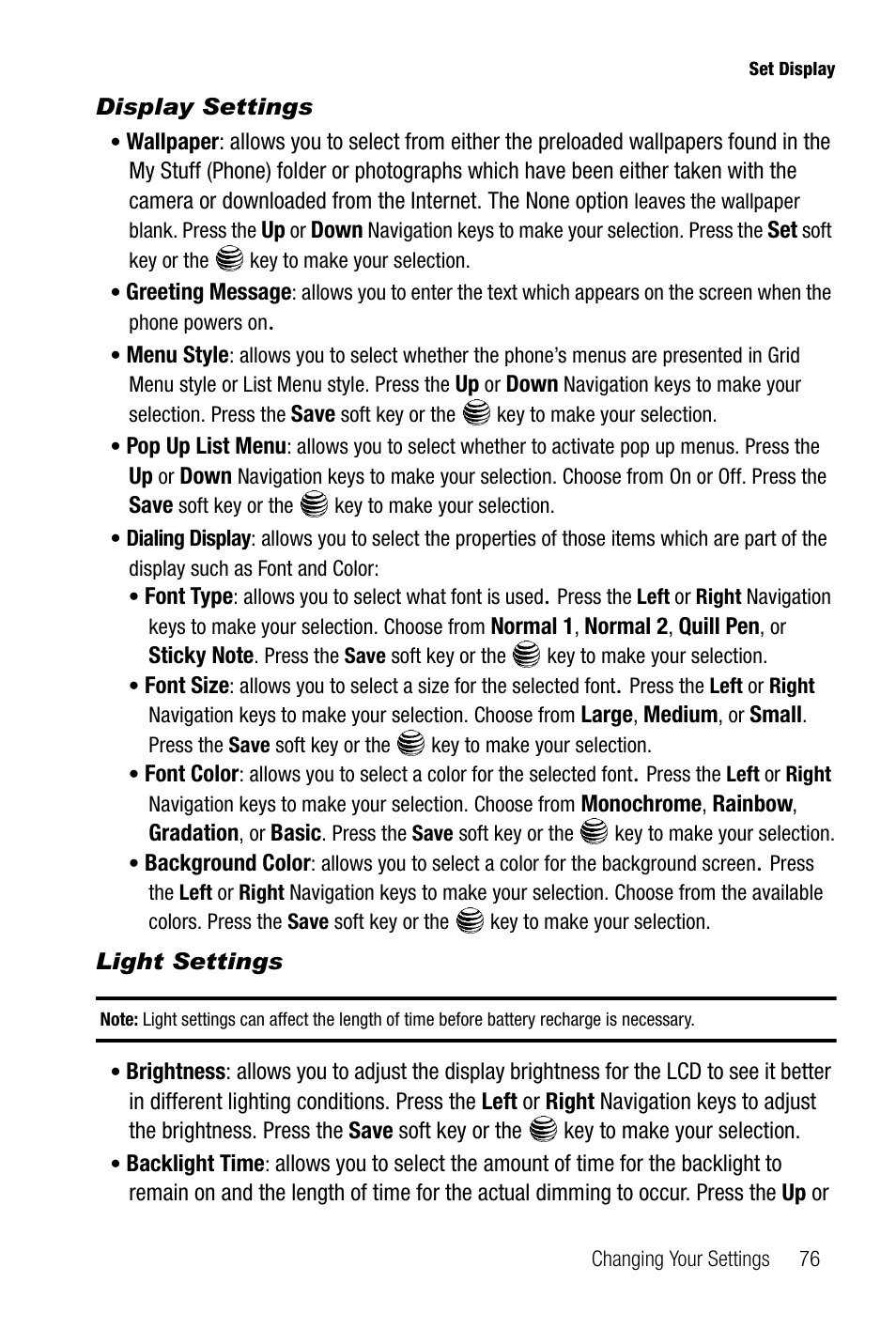 Display settings, Light settings | Samsung SGH-A737HBAATT User Manual | Page 79 / 180