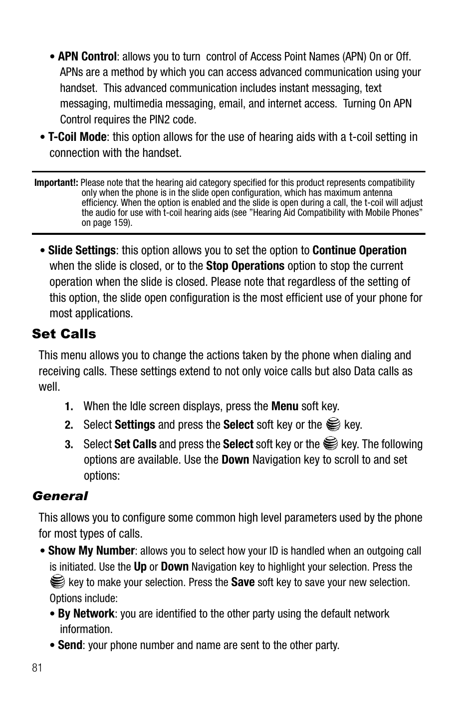 Set calls, General | Samsung SGH-A737HBAATT User Manual | Page 84 / 180