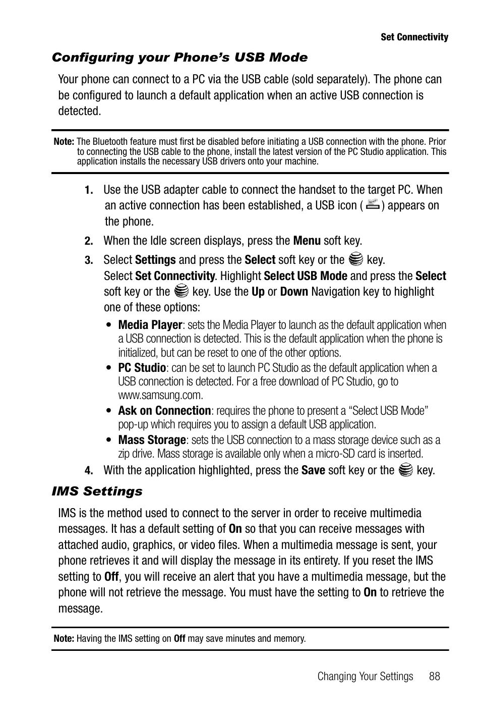 Configuring your phone’s usb mode, Ims settings | Samsung SGH-A737HBAATT User Manual | Page 91 / 180