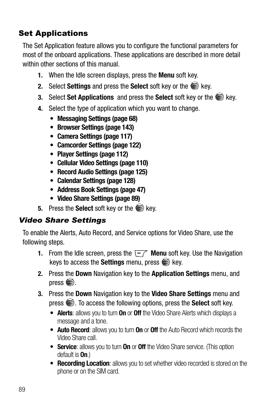 Set applications, Video share settings | Samsung SGH-A737HBAATT User Manual | Page 92 / 180