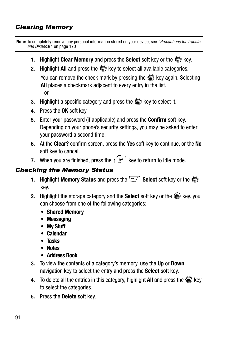 Clearing memory, Checking the memory status | Samsung SGH-A737HBAATT User Manual | Page 94 / 180