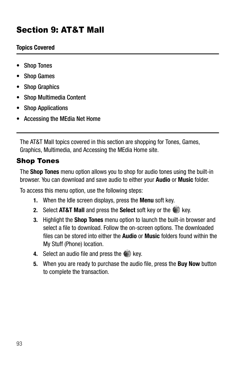 Section 9: at&t mall, Shop tones | Samsung SGH-A737HBAATT User Manual | Page 96 / 180