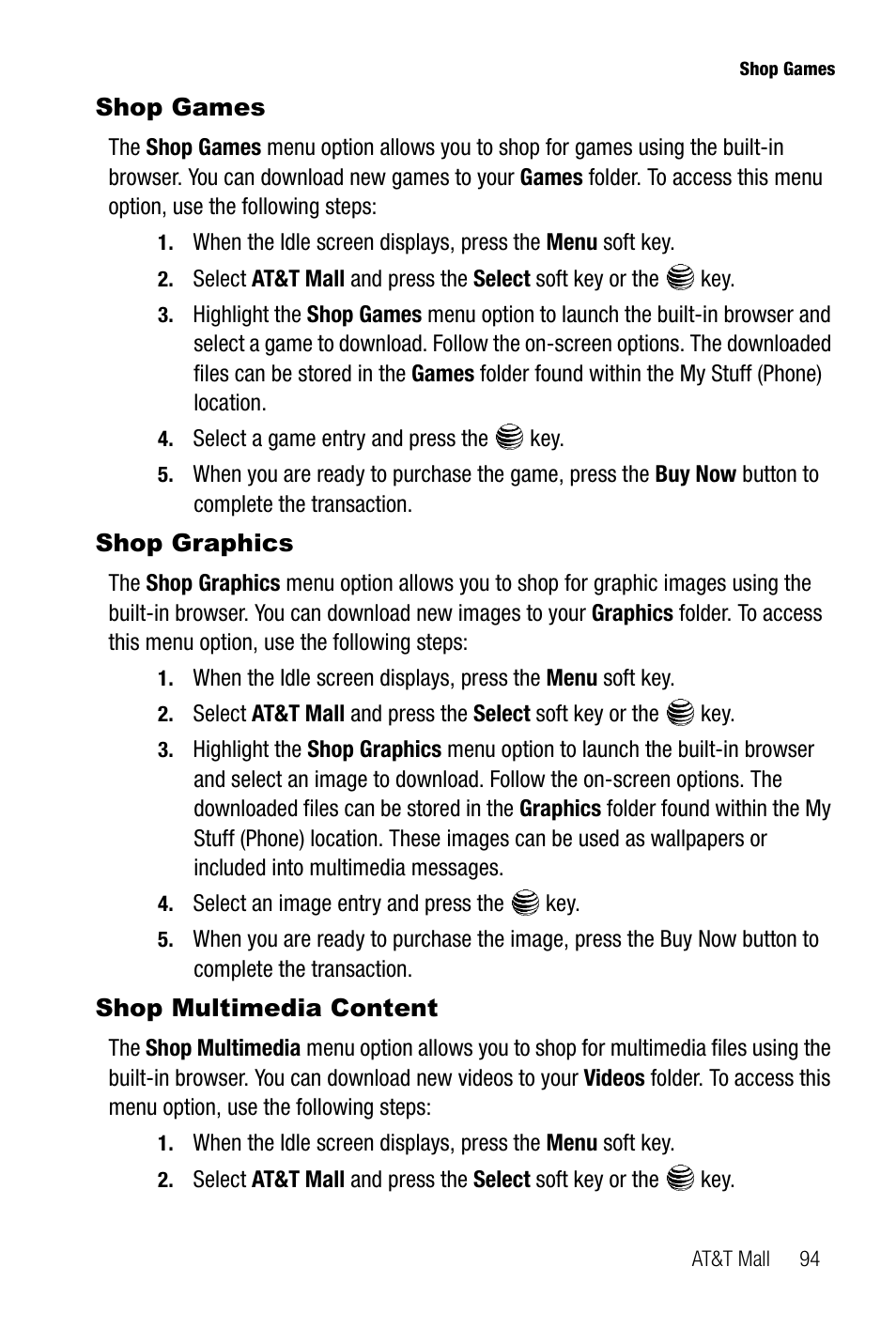 Shop games, Shop graphics, Shop multimedia content | Shop games shop graphics shop multimedia content | Samsung SGH-A737HBAATT User Manual | Page 97 / 180