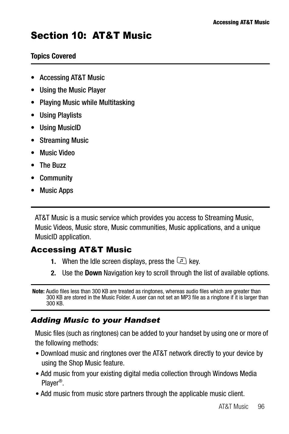 Section 10: at&t music, Accessing at&t music, Adding music to your handset | Samsung SGH-A737HBAATT User Manual | Page 99 / 180