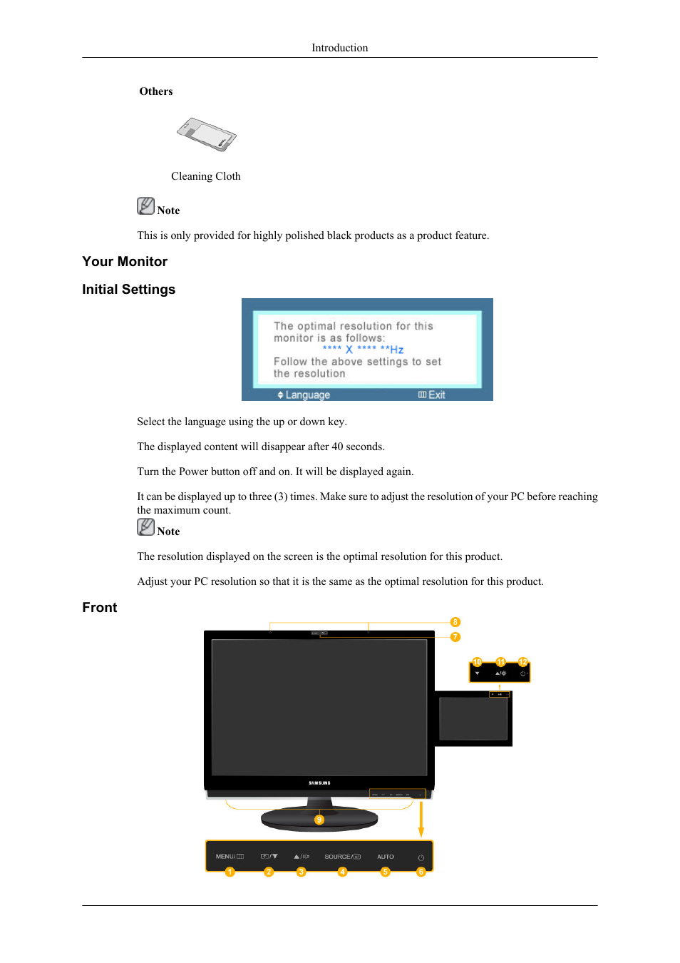 Your monitor, Initial settings, Front | Samsung LS22LDPJFV-ZA User Manual | Page 10 / 95