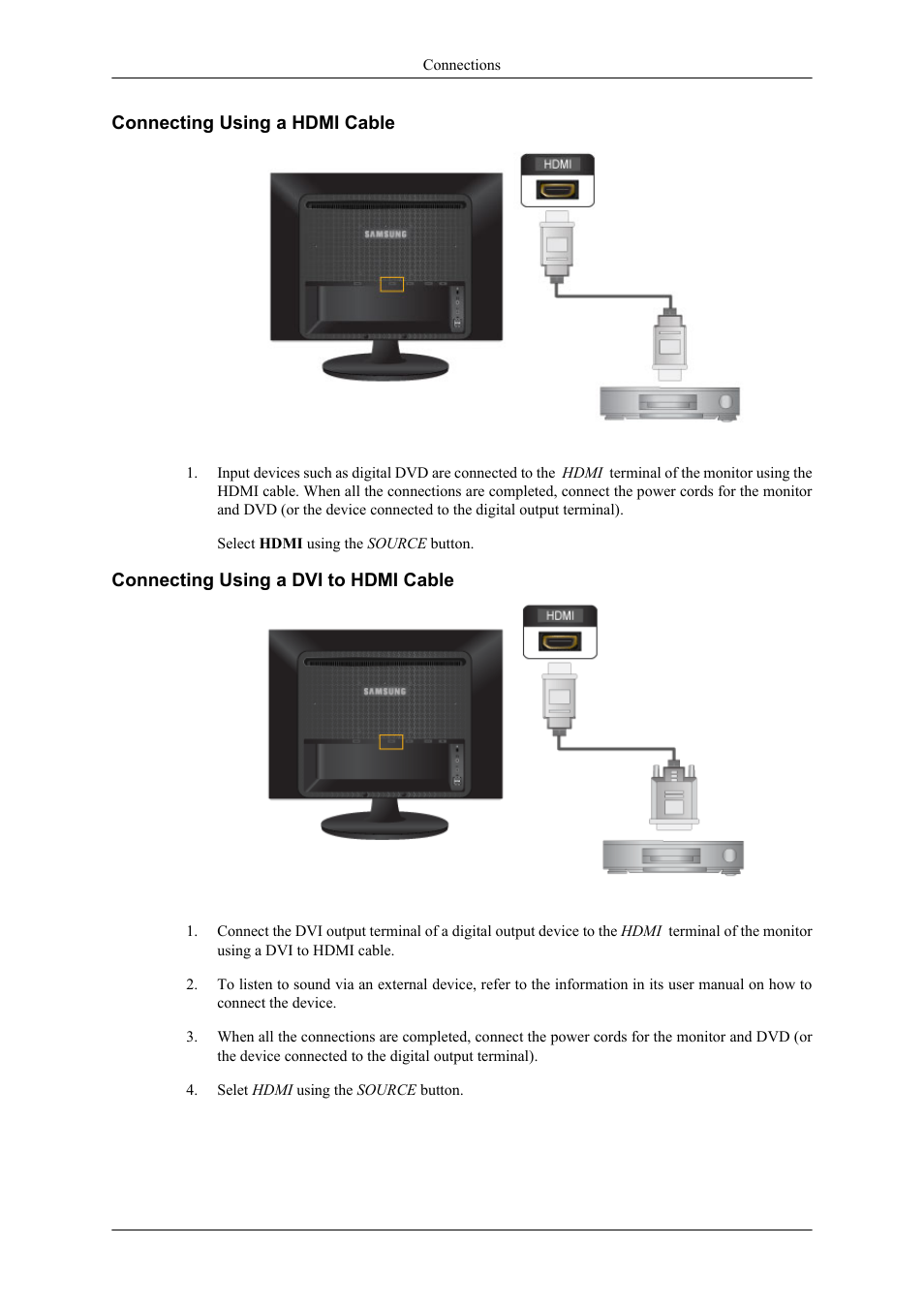 Connecting using a hdmi cable, Connecting using a dvi to hdmi cable | Samsung LS22LDPJFV-ZA User Manual | Page 17 / 95