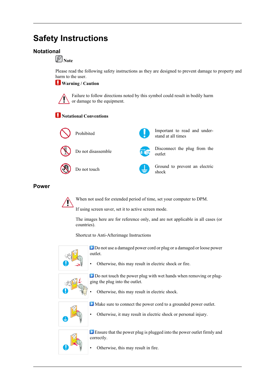 Safety instructions, Notational, Power | Samsung LS22LDPJFV-ZA User Manual | Page 2 / 95