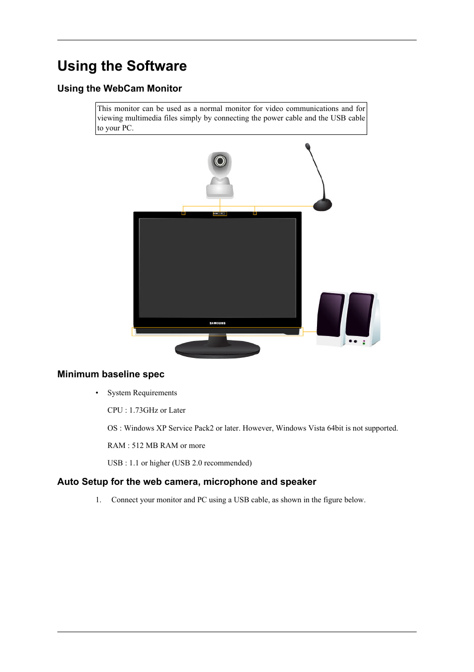 Using the software, Using the webcam monitor, Minimum baseline spec | Samsung LS22LDPJFV-ZA User Manual | Page 25 / 95