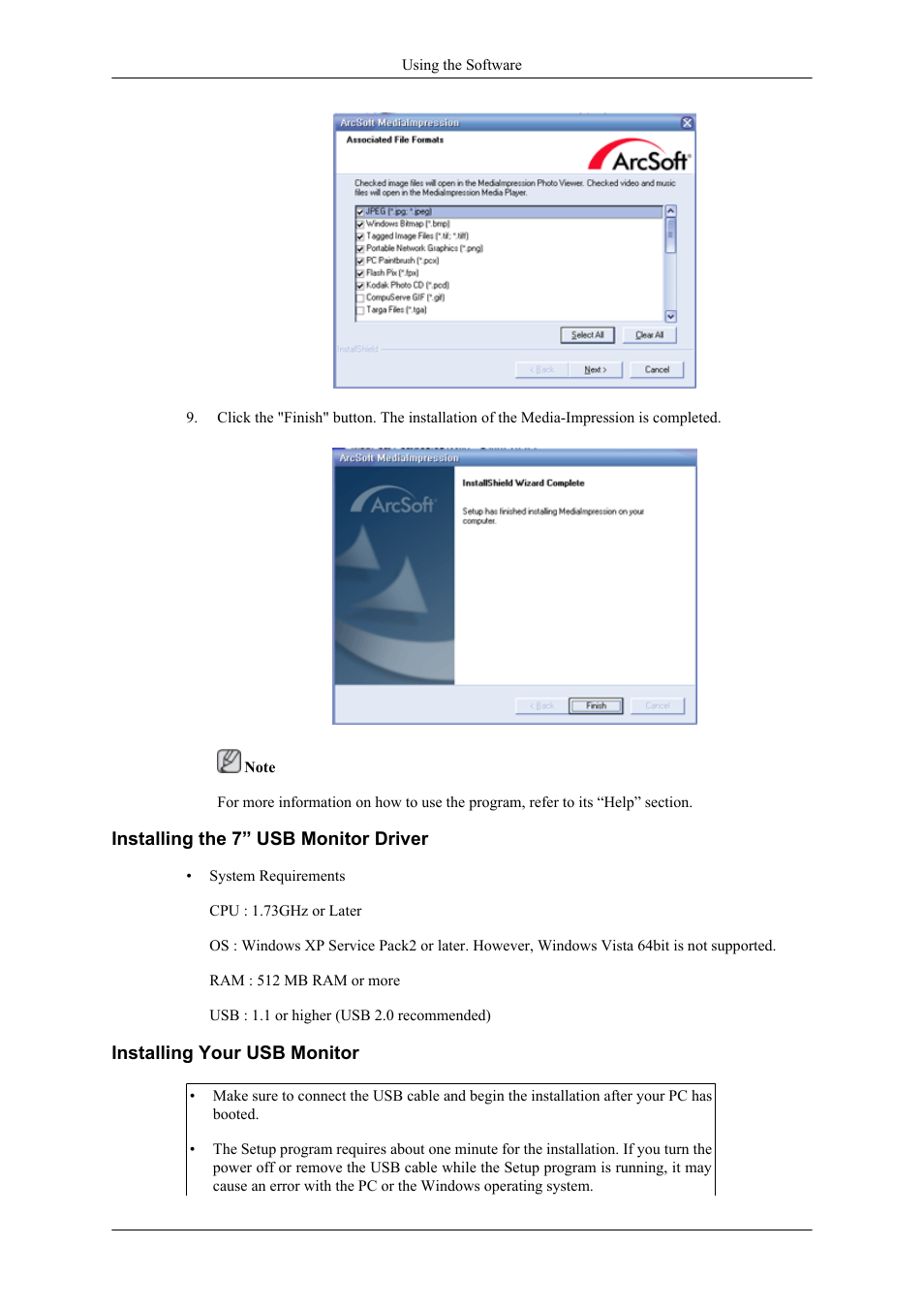 Installing the 7” usb monitor driver, Installing your usb monitor | Samsung LS22LDPJFV-ZA User Manual | Page 38 / 95