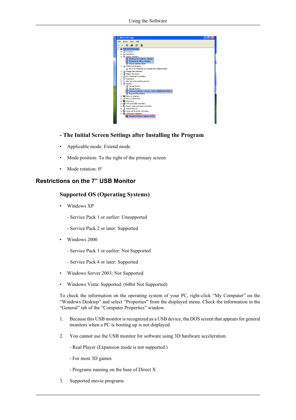 Restrictions on the 7” usb monitor | Samsung LS22LDPJFV-ZA User Manual | Page 42 / 95