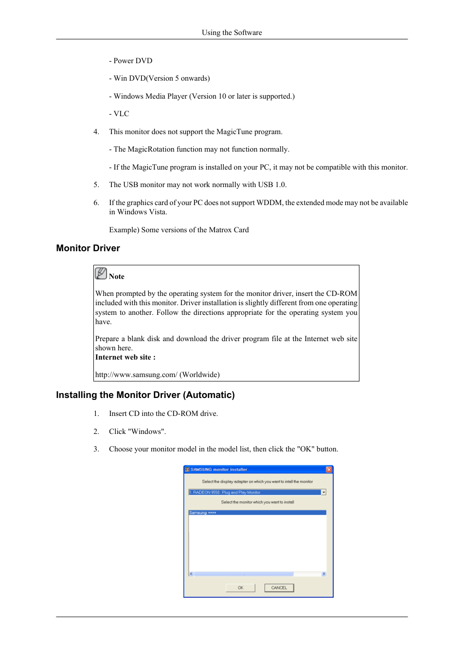 Monitor driver, Installing the monitor driver (automatic) | Samsung LS22LDPJFV-ZA User Manual | Page 43 / 95