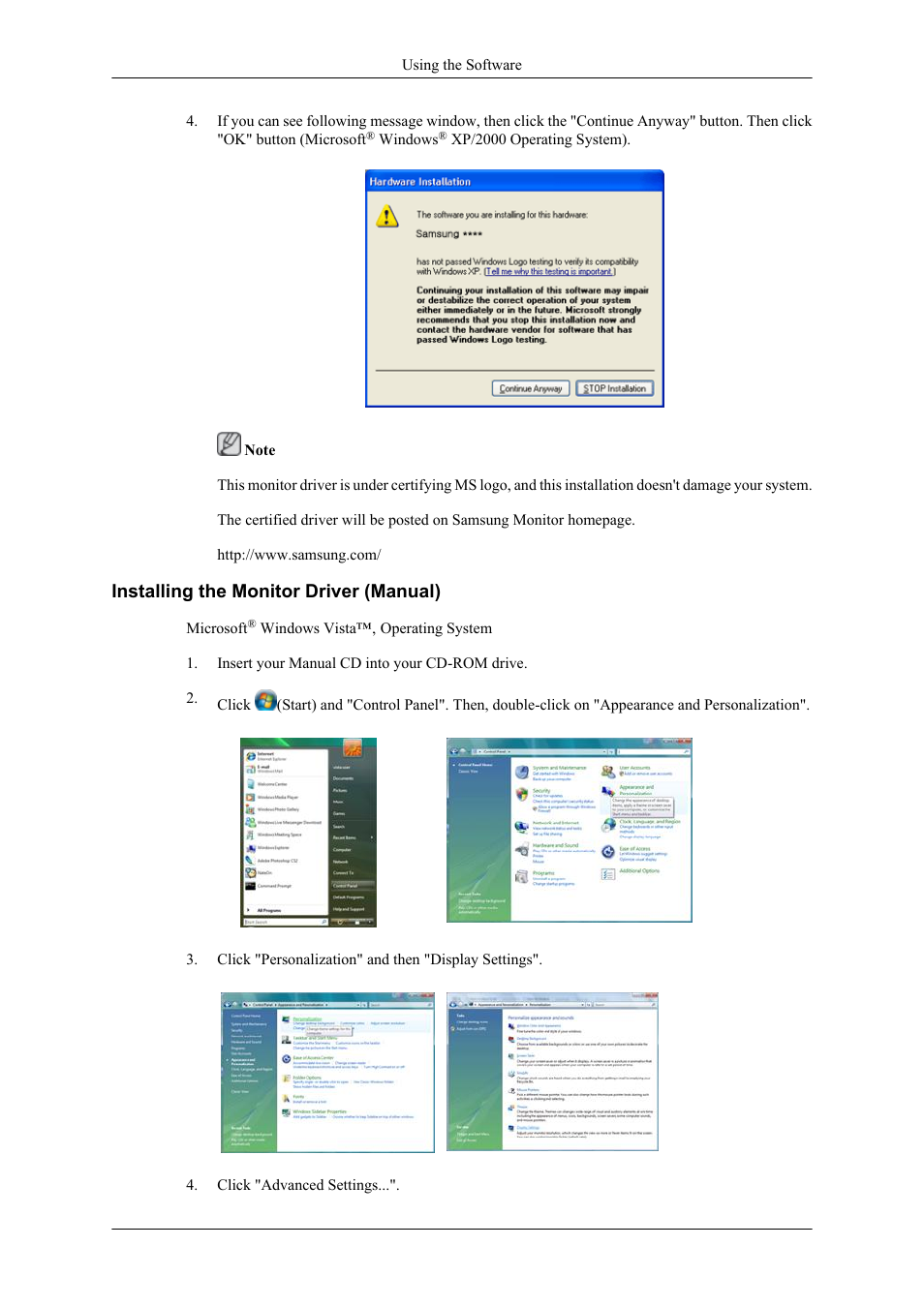 Installing the monitor driver (manual) | Samsung LS22LDPJFV-ZA User Manual | Page 44 / 95