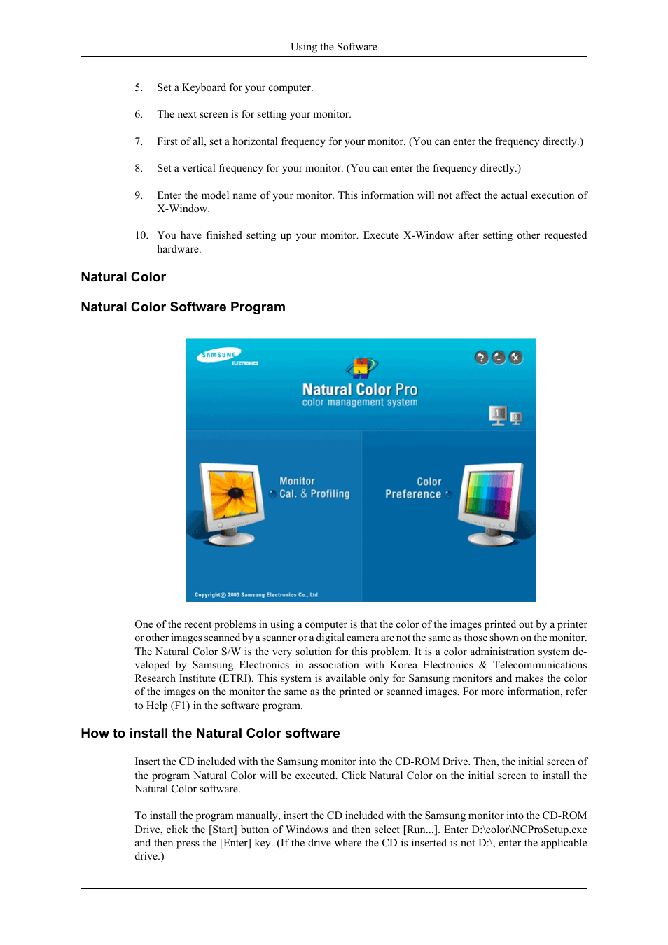 Natural color, Natural color software program, How to install the natural color software | Samsung LS22LDPJFV-ZA User Manual | Page 51 / 95