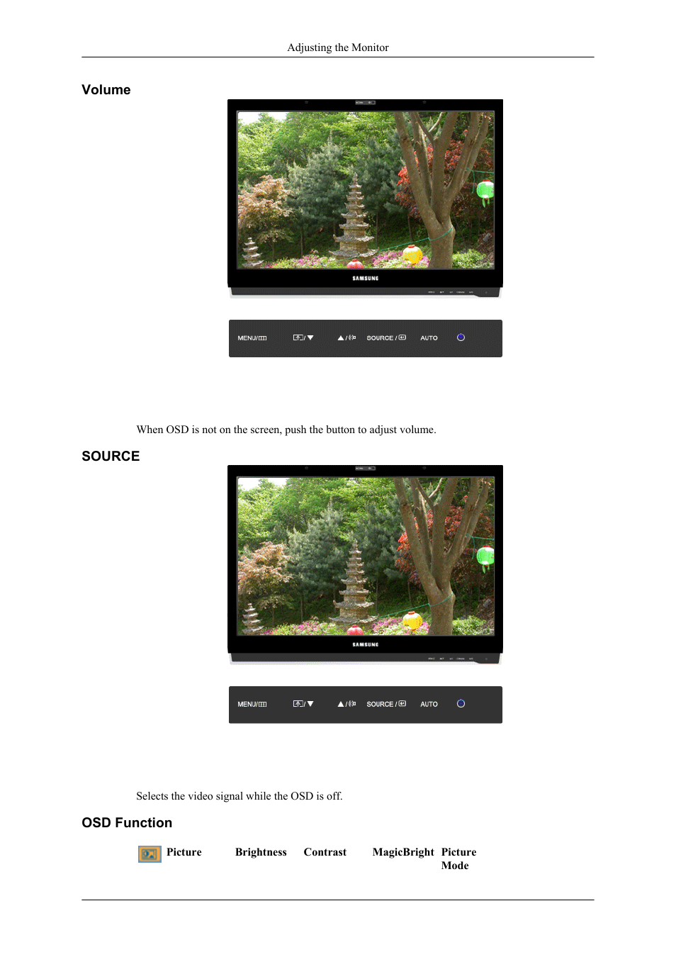 Volume, Source, Osd function | Samsung LS22LDPJFV-ZA User Manual | Page 56 / 95
