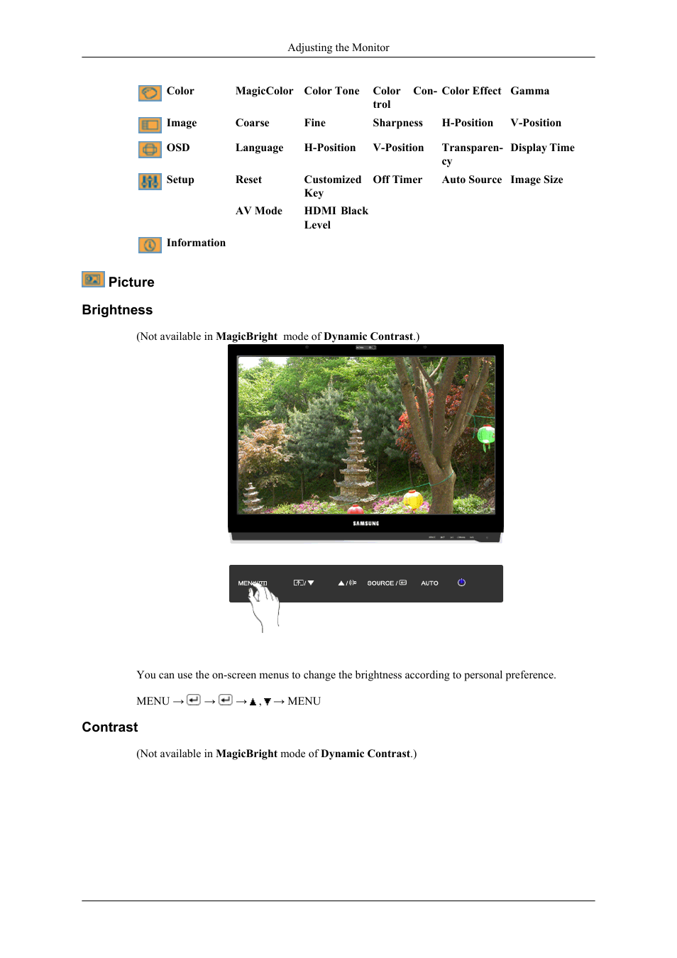 Picture, Brightness, Contrast | Samsung LS22LDPJFV-ZA User Manual | Page 57 / 95