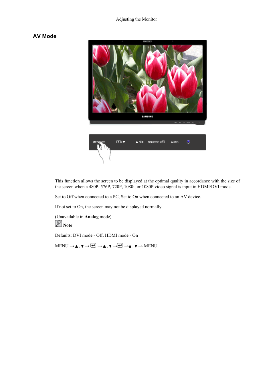 Av mode | Samsung LS22LDPJFV-ZA User Manual | Page 74 / 95
