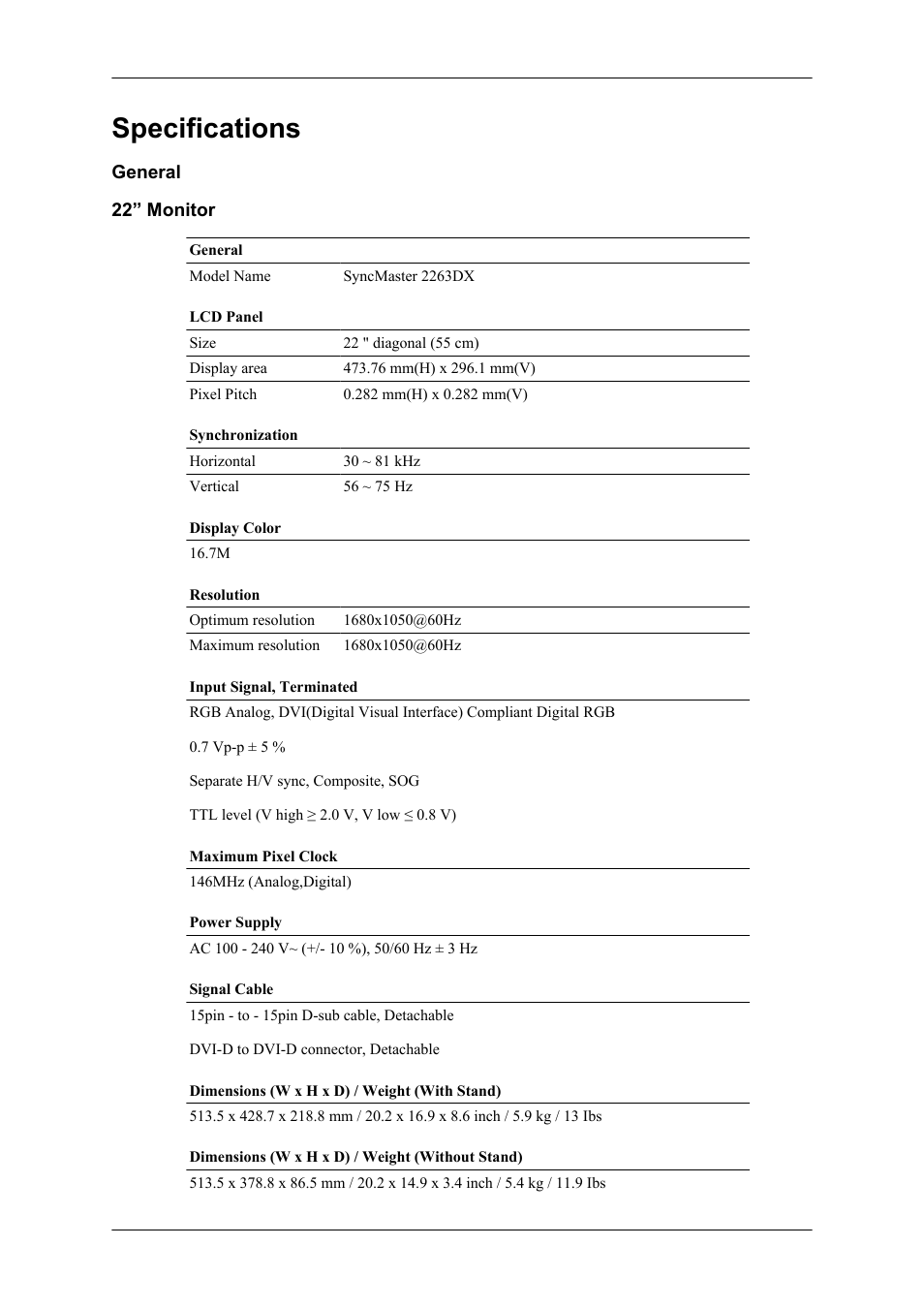 Specifications, General, 22” monitor | Samsung LS22LDPJFV-ZA User Manual | Page 84 / 95