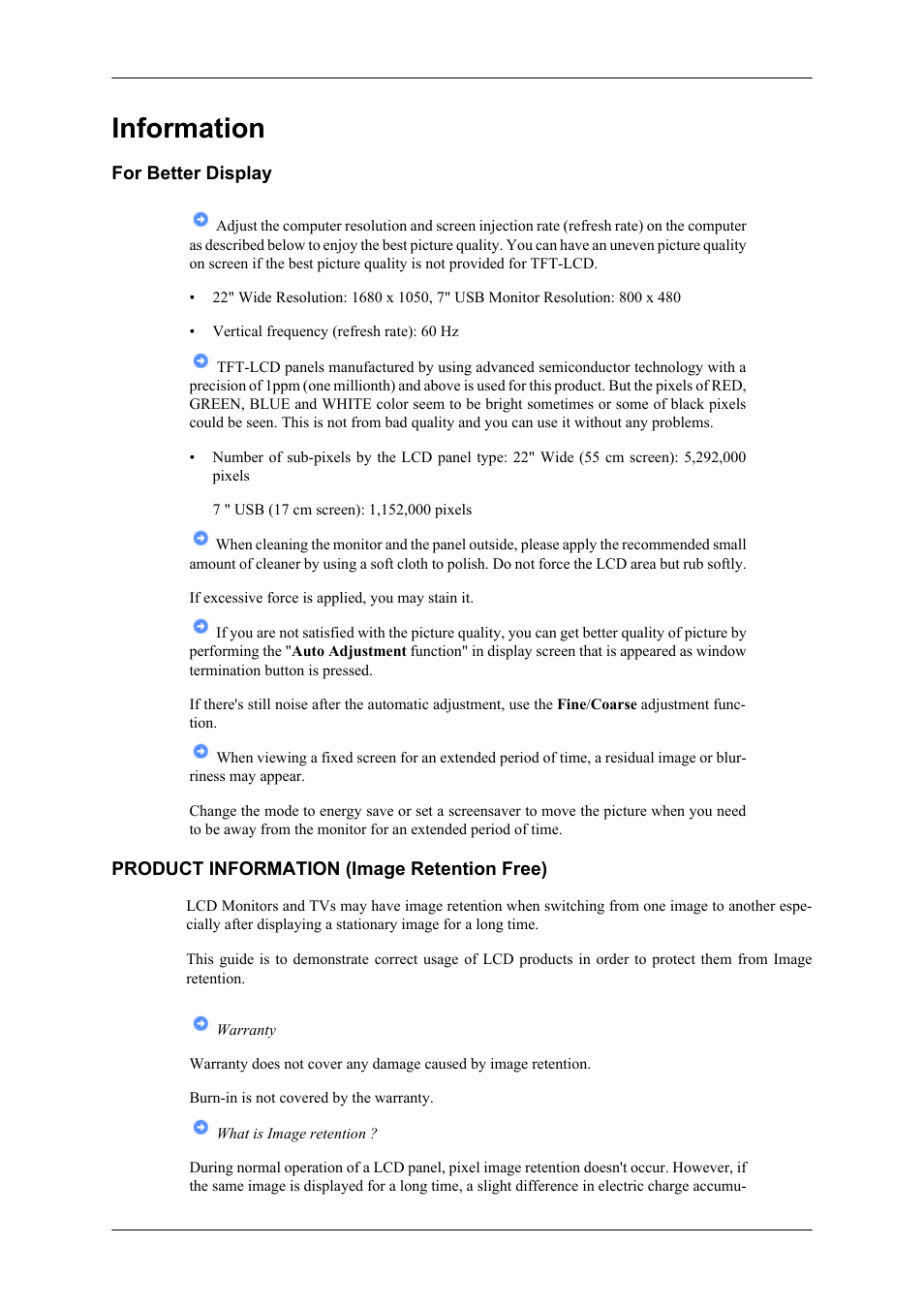 Information, For better display, Product information (image retention free) | Samsung LS22LDPJFV-ZA User Manual | Page 88 / 95
