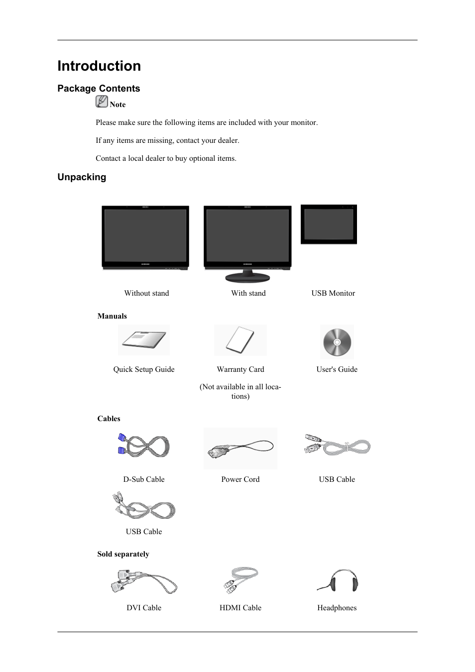 Introduction, Package contents, Unpacking | Samsung LS22LDPJFV-ZA User Manual | Page 9 / 95