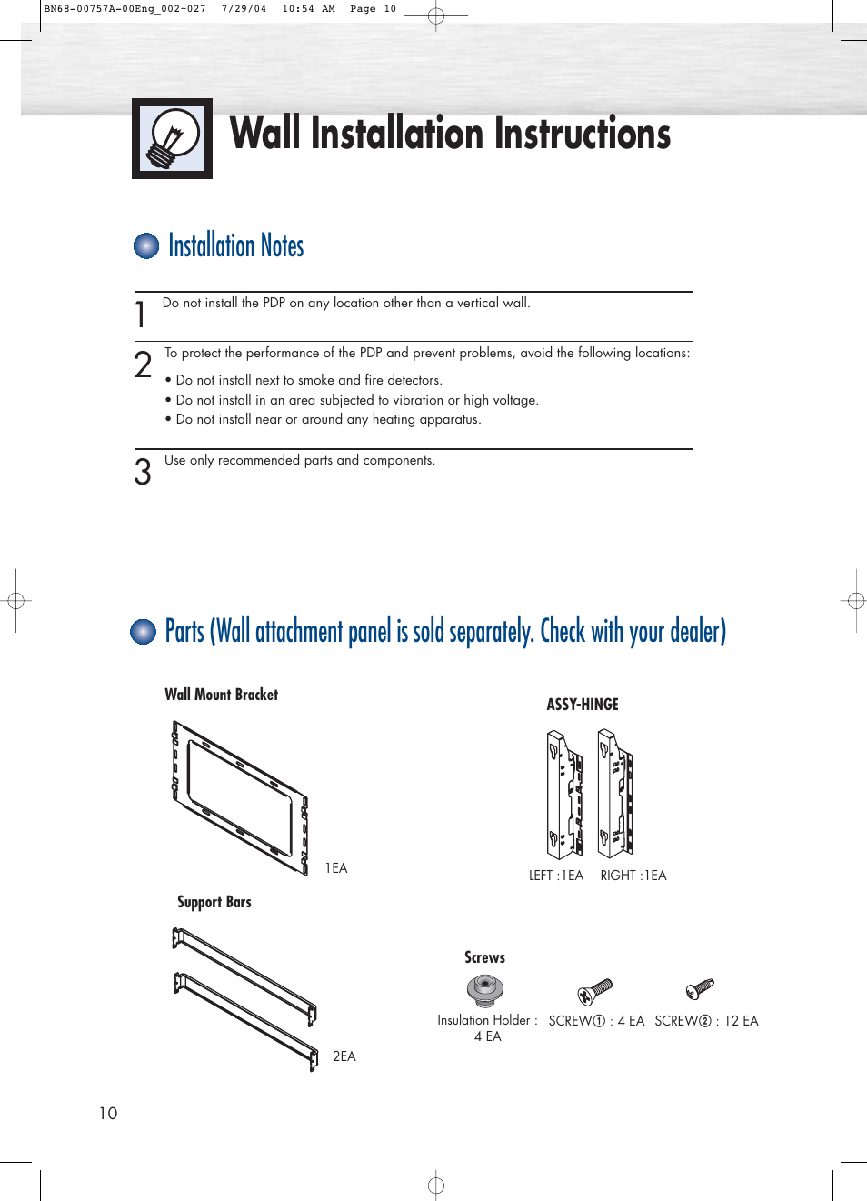 Wall installation instructions | Samsung HPP4271X-XAA User Manual | Page 10 / 116