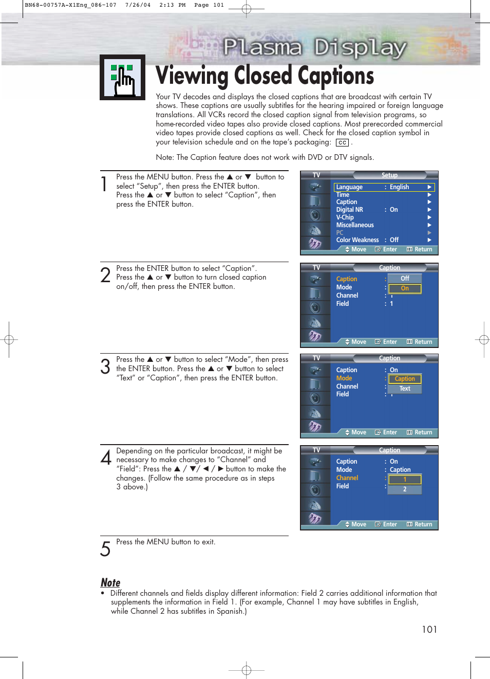 Viewing closed captions | Samsung HPP4271X-XAA User Manual | Page 101 / 116