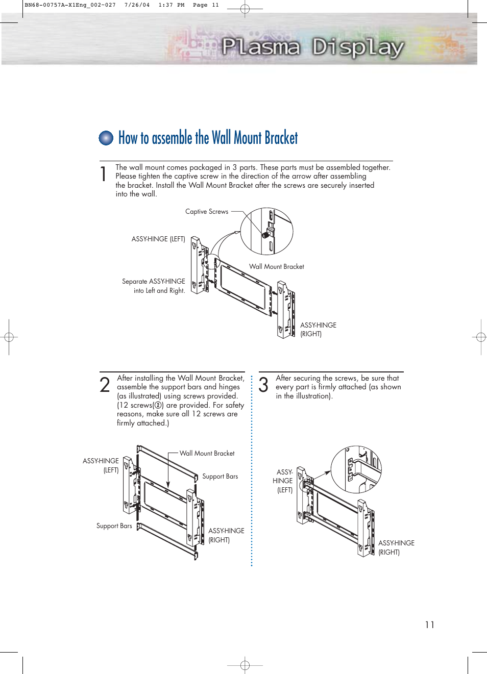 How to assemble the wall mount bracket | Samsung HPP4271X-XAA User Manual | Page 11 / 116