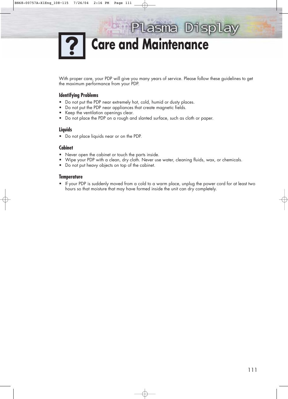 Care and maintenance | Samsung HPP4271X-XAA User Manual | Page 111 / 116