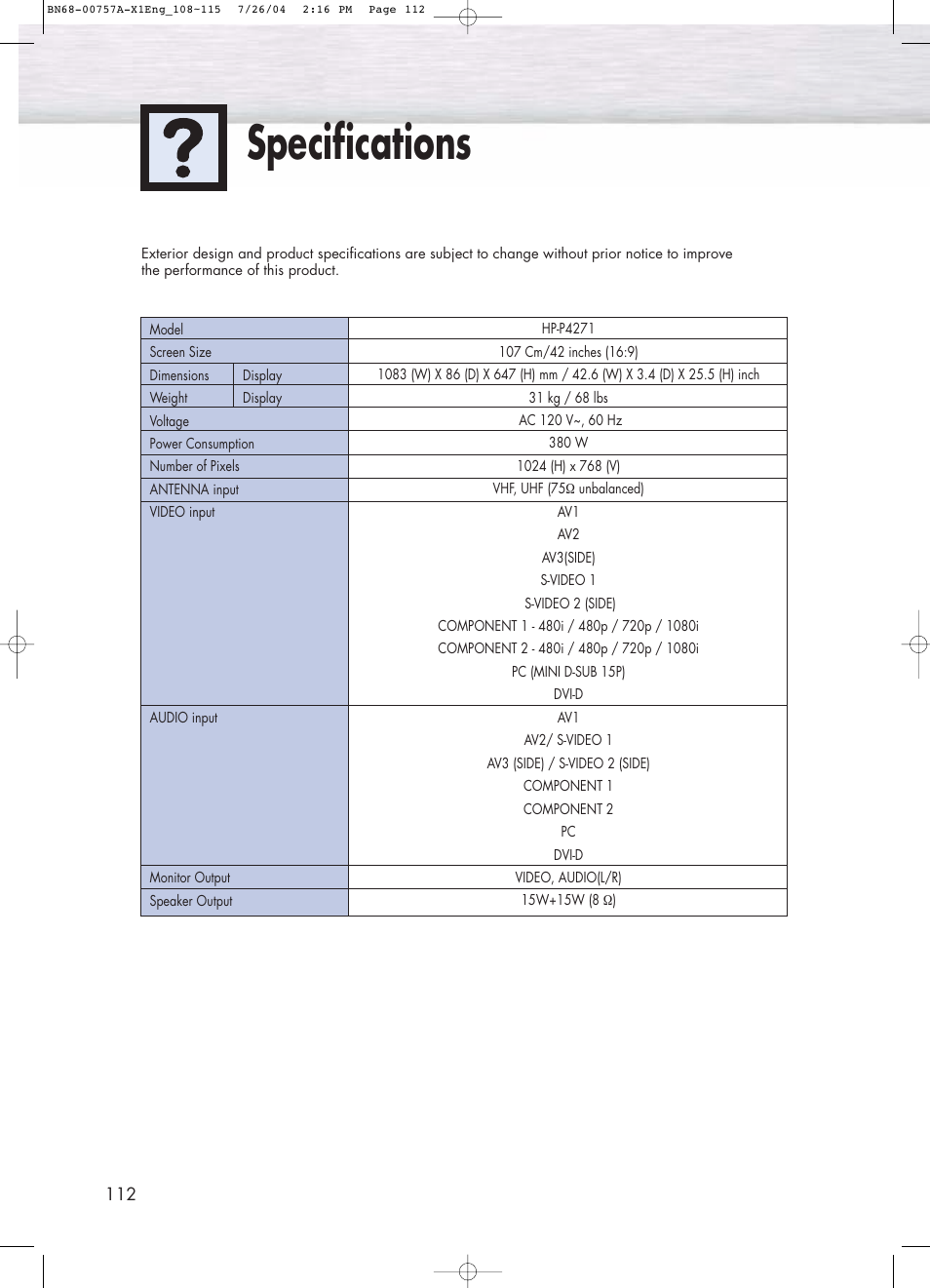 Specifications | Samsung HPP4271X-XAA User Manual | Page 112 / 116