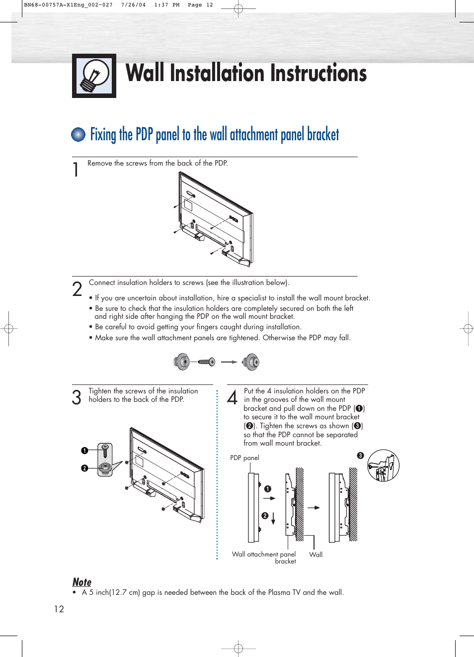 Wall installation instructions | Samsung HPP4271X-XAA User Manual | Page 12 / 116