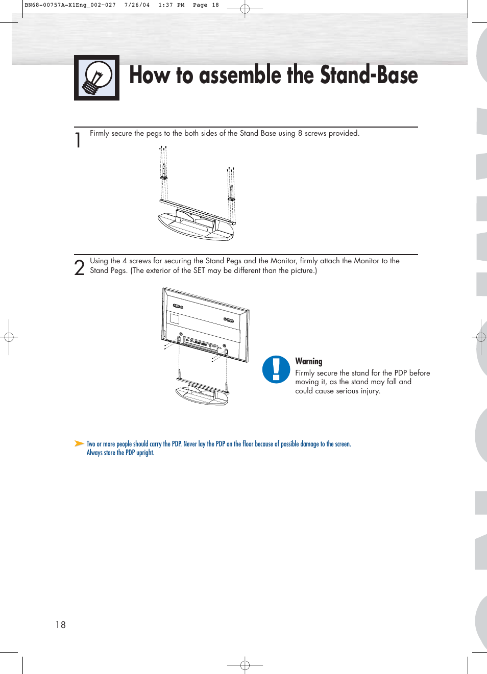 How to assemble the stand-base | Samsung HPP4271X-XAA User Manual | Page 18 / 116