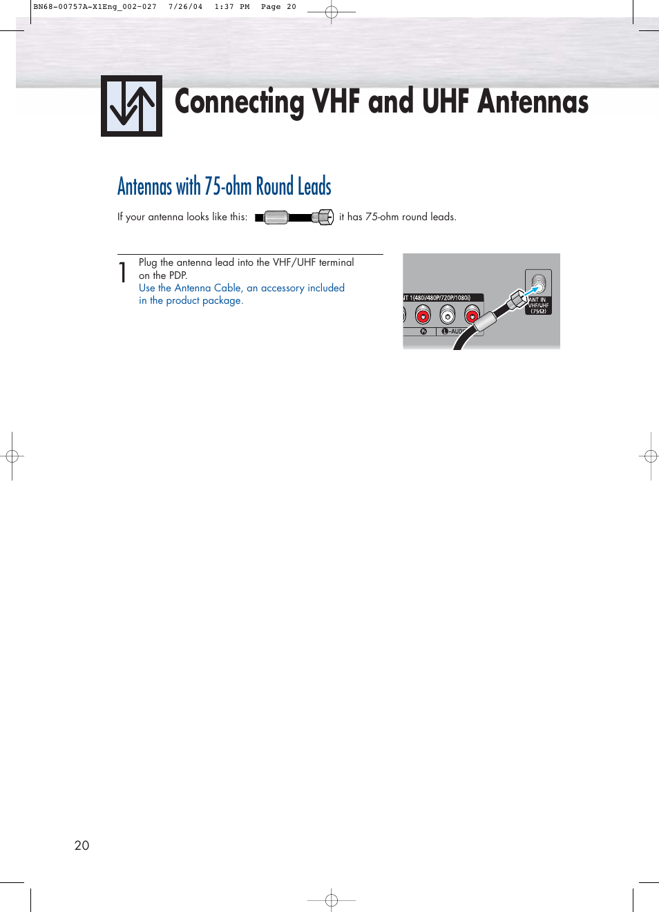 Connecting vhf and uhf antennas, Antennas with 75-ohm round leads | Samsung HPP4271X-XAA User Manual | Page 20 / 116