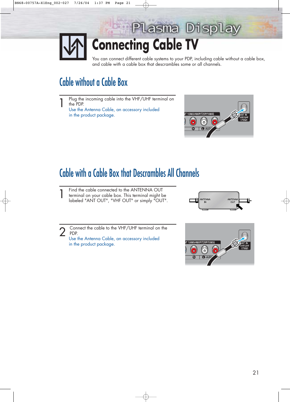 Connecting cable tv, Cable without a cable box | Samsung HPP4271X-XAA User Manual | Page 21 / 116