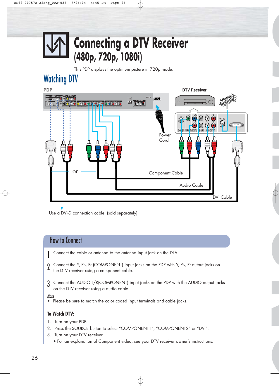 Connecting a dtv receiver 480p, 720p, 1080i), Connecting a dtv receiver, Watching dtv | How to connect 1 2 3 | Samsung HPP4271X-XAA User Manual | Page 26 / 116