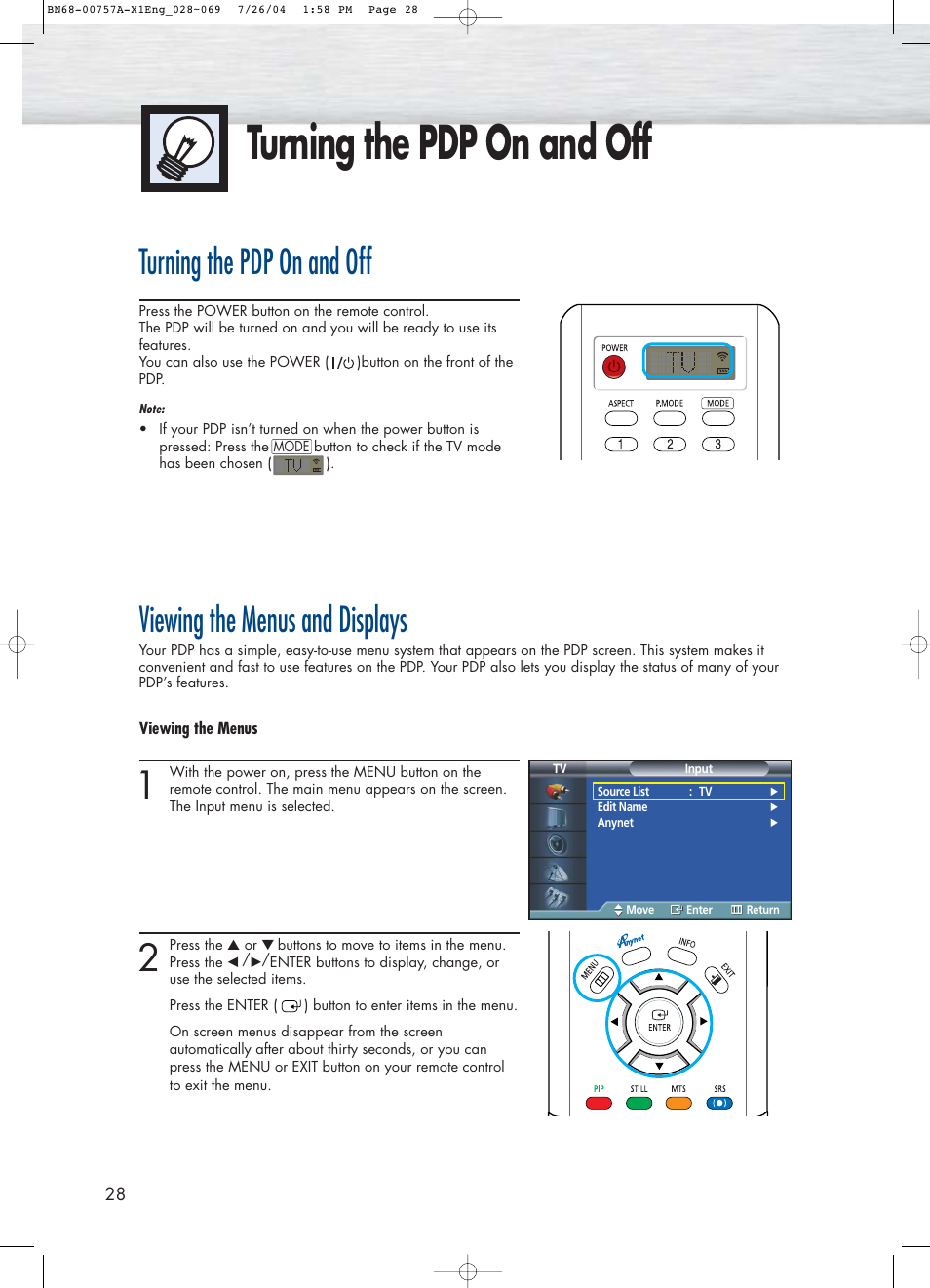 Turning the pdp on and off, Viewing the menus and displays | Samsung HPP4271X-XAA User Manual | Page 28 / 116